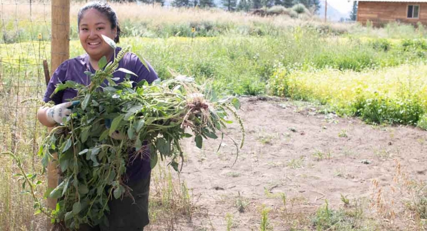 a student carries a bunch of weeds during a service project with outward bound